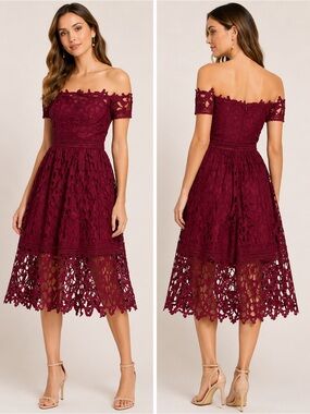 Chi Chi London Burgundy Lace Floral Midi Dress Off Shoulder Design Womens Size 6